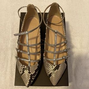 J Crew caged flats in snakeskin printed leather w/silver cross & ankle straps